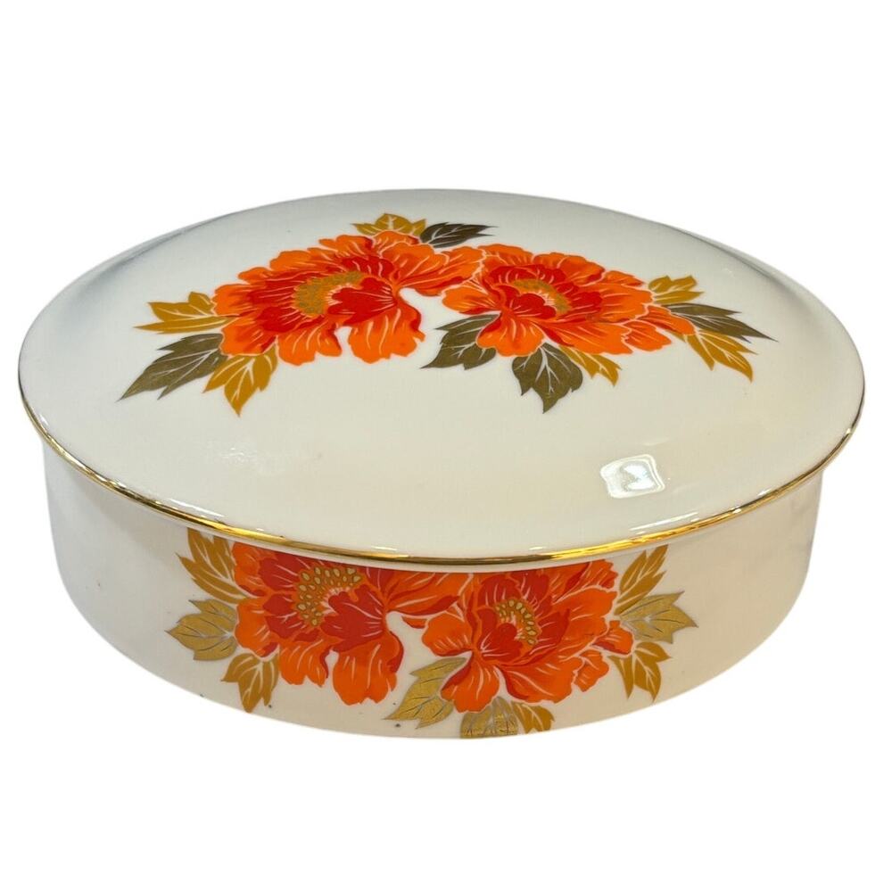 Vintage Otagiri round trinket vanity box with lid orange blooms